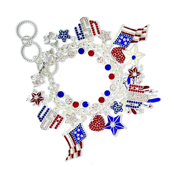Exquisite July 4th Fireworks Flag Bracelet Ritzy Couture DeLuxe - Silver Plated